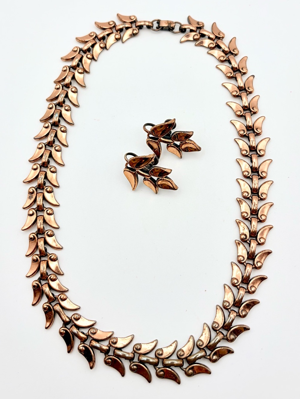 Vintage 1950s Renoir Stylized Leaves Copper Necklace Earrings Set